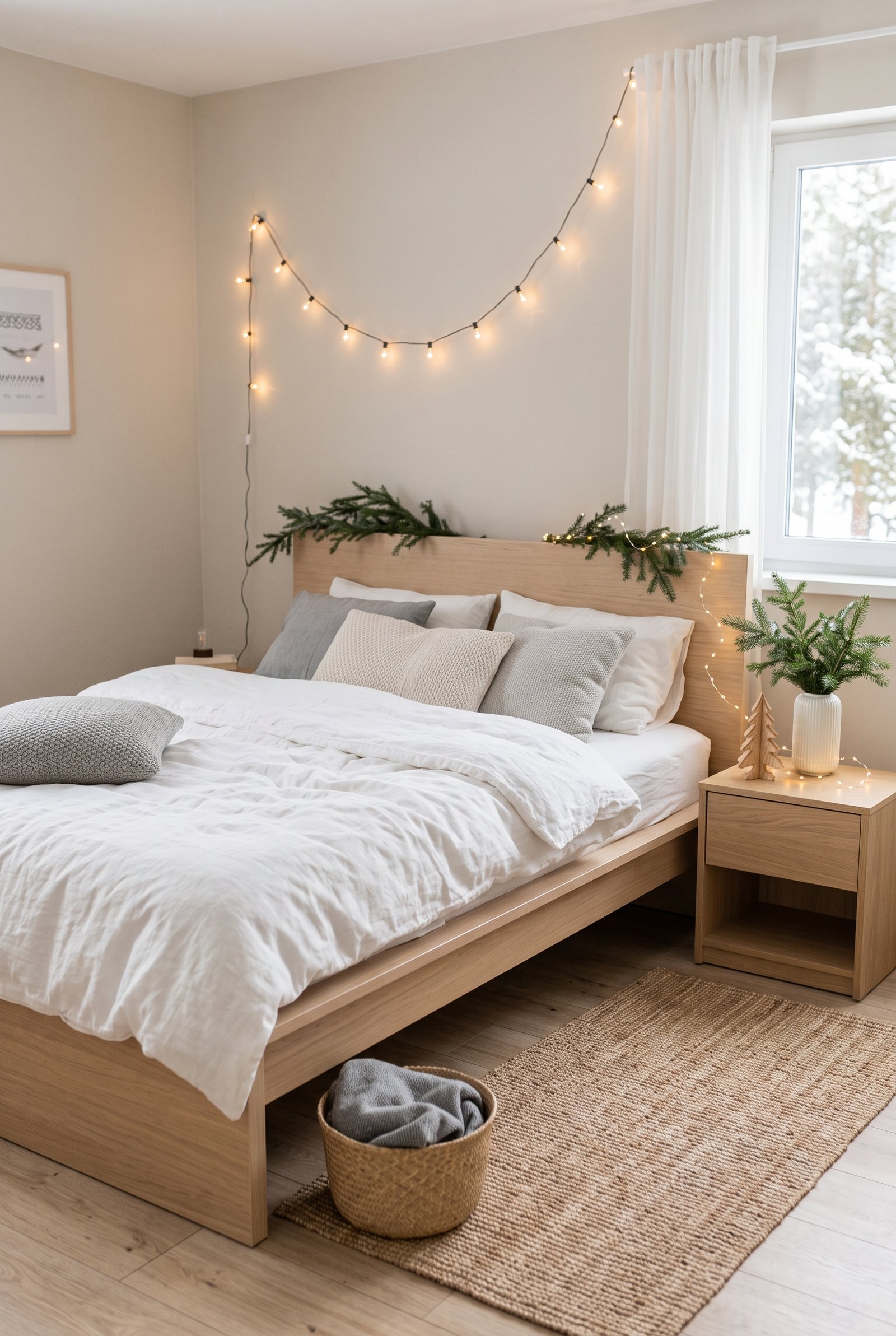 Minimal Scandinavian Christmas bedroom with pale wood furniture and simple seasonal decor