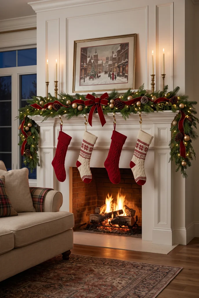 Traditional Christmas mantel with red stockings, evergreen garland, ribbon, and warm lights