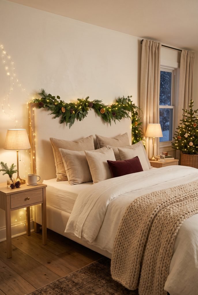 Warm white Christmas lights glowing around a cozy bedroom headboard