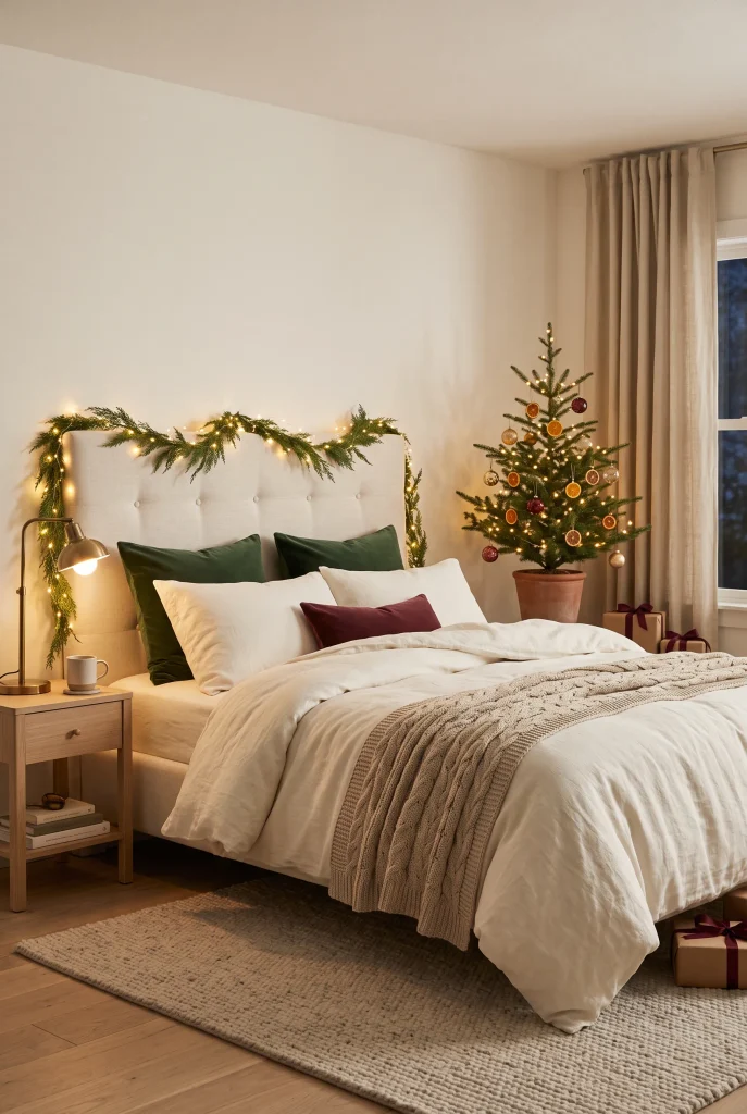 Cozy bedroom with warm white Christmas fairy lights around the headboard