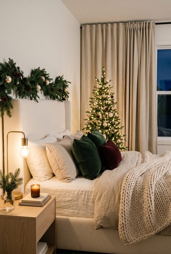 Small glowing Christmas tree beside a cozy bedroom bed