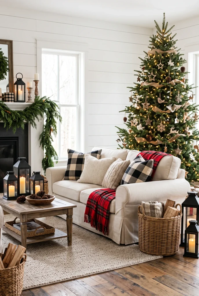 Farmhouse living room with buffalo check Christmas pillows and rustic holiday decor