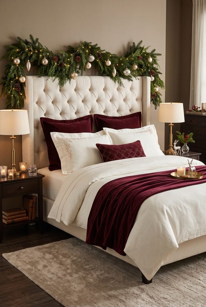 Elegant Christmas bedroom with burgundy velvet pillows, evergreen garland, and warm lighting