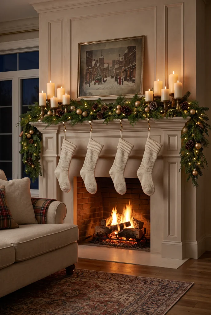 Christmas mantel decorated with ivory candles, brass holders, evergreen garland, and stockings