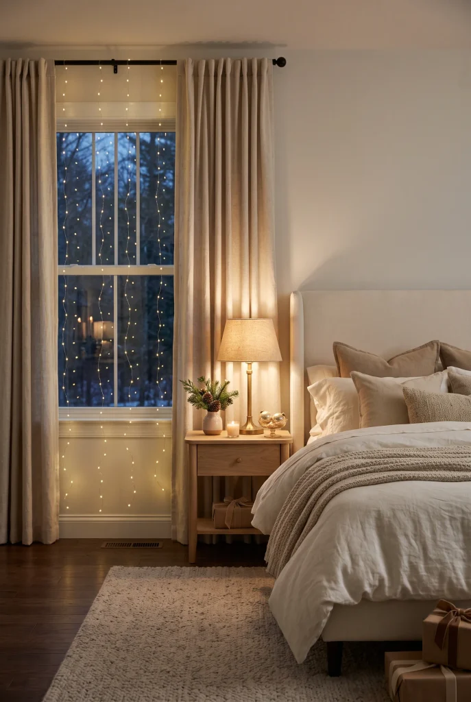 Warm white Christmas lights cascading from a bedroom curtain rod
