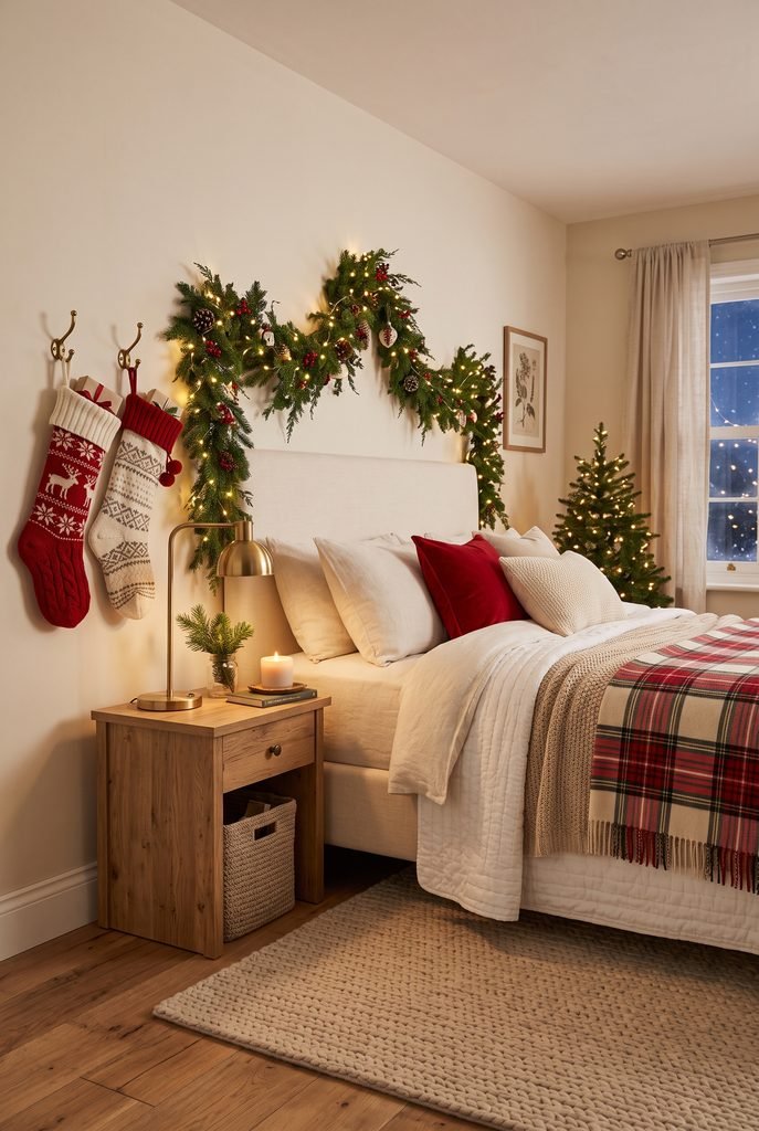 Cozy Christmas bedroom with knitted stockings hanging beside a cream upholstered bed