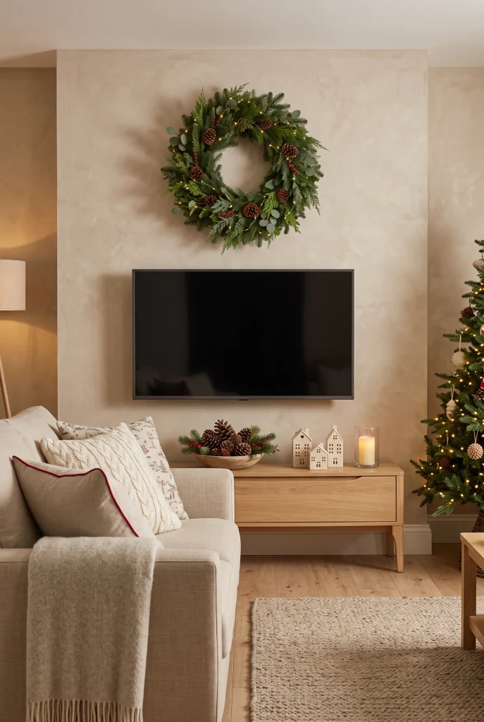 Large evergreen wreath displayed above a wall-mounted television for Christmas