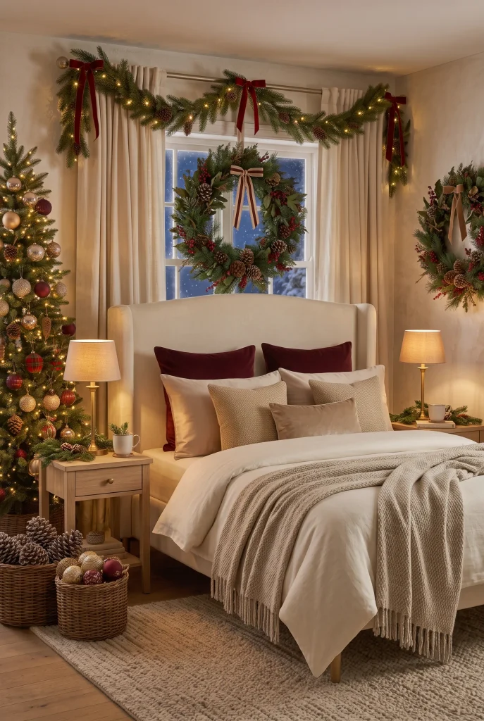 Christmas bedroom featuring an evergreen wreath centered above a cream upholstered bed