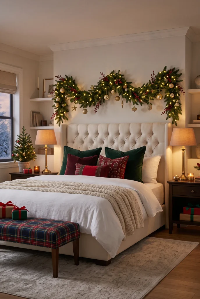 Christmas bedroom with layered ivory bedding, green velvet pillows, and a chunky knit throw
