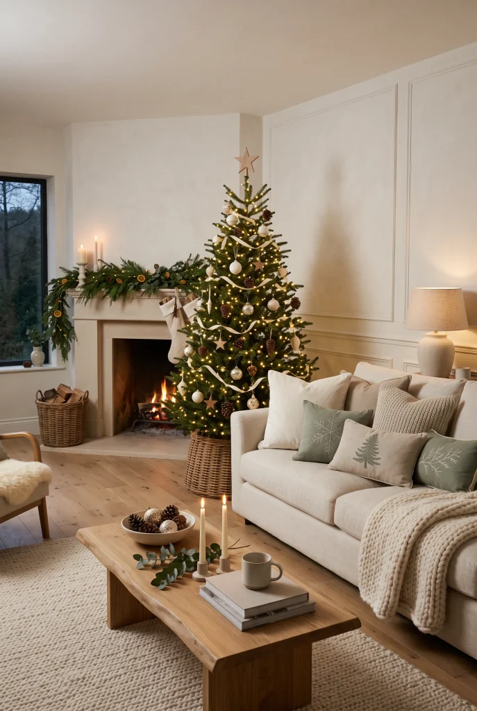 Cream sofa with neutral Christmas cushions and a cozy knitted throw