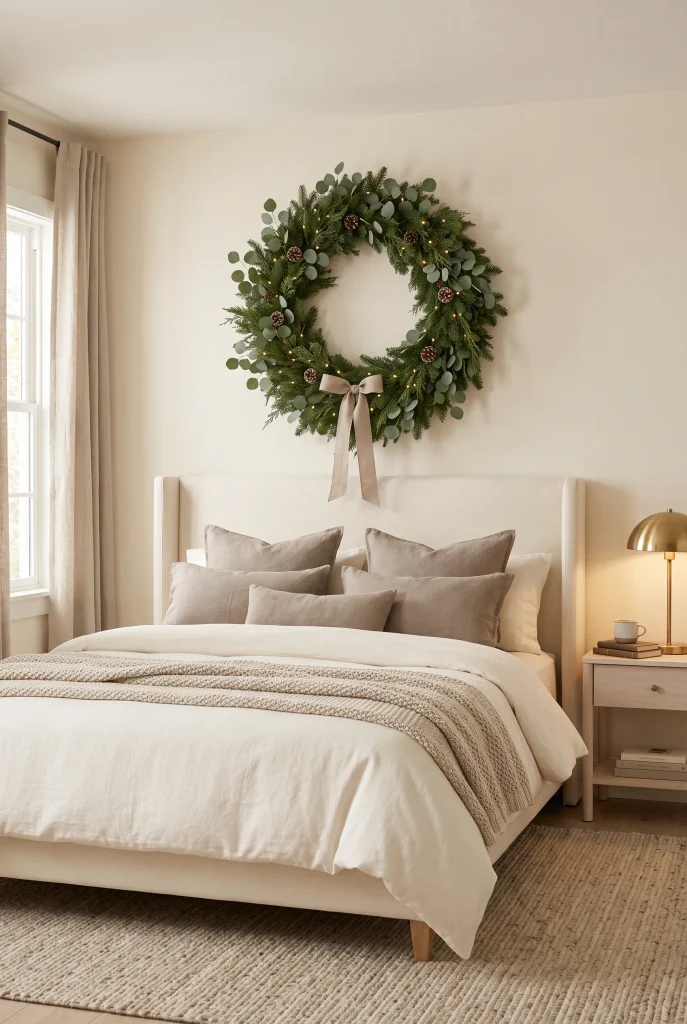 Simple evergreen Christmas wreath above a cream upholstered bed