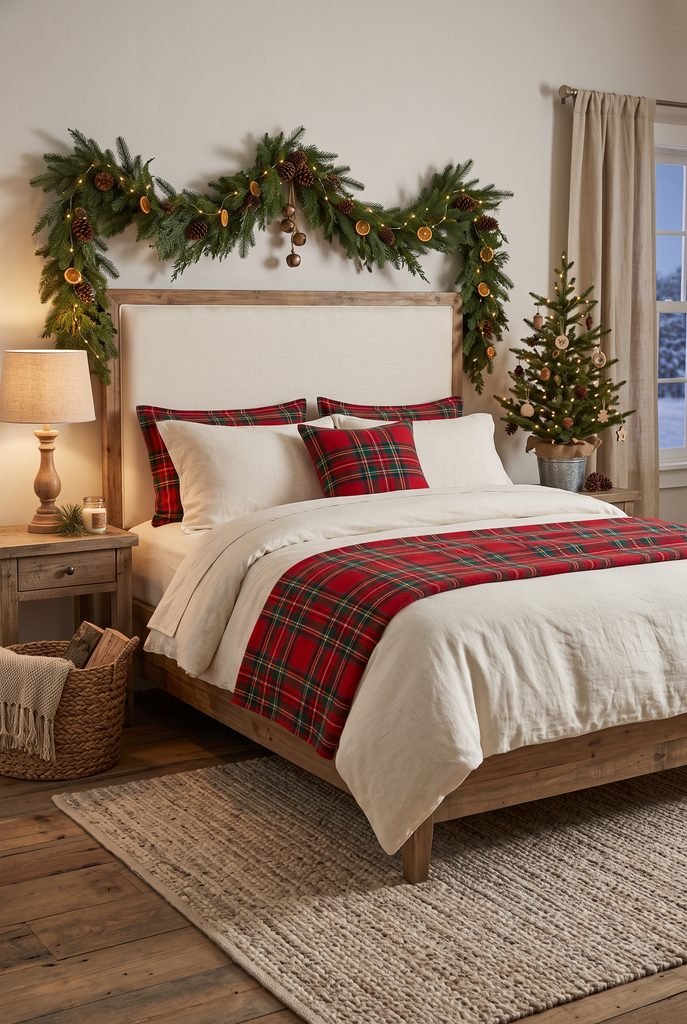 Red and green plaid Christmas bedding in a cozy bedroom