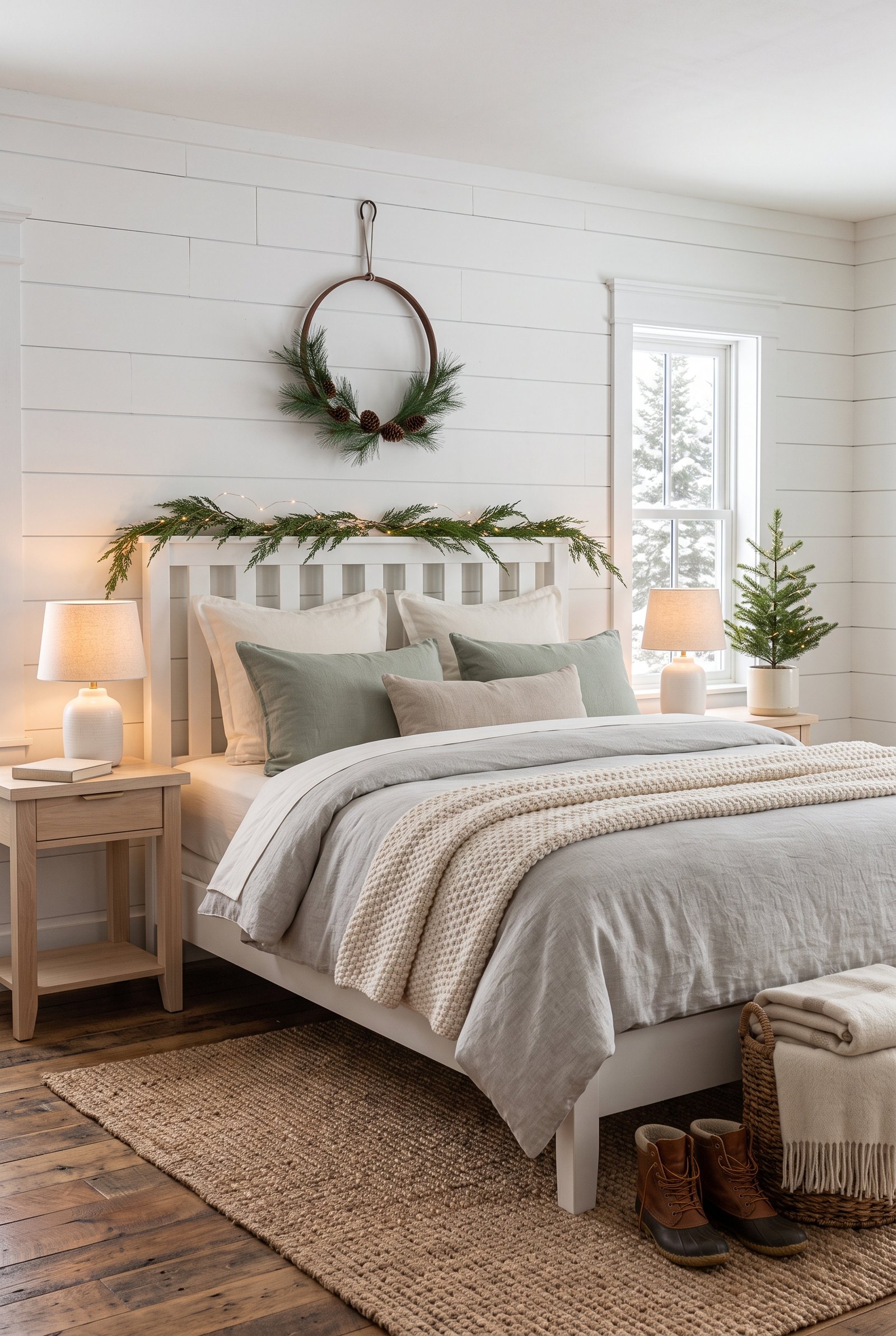 Scandinavian Christmas bedroom with neutral bedding, sage accents, and minimalist holiday decor