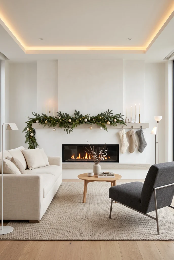 Contemporary fireplace mantel decorated with simple evergreen Christmas garland
