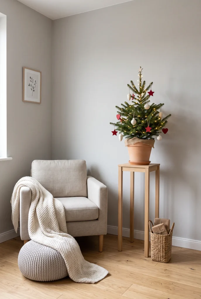 Small Christmas corner with tabletop tree in a compact living room