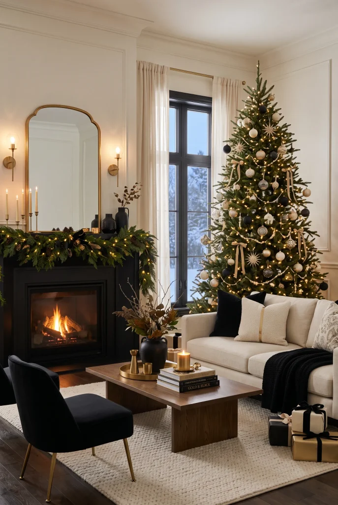 Black, cream, and gold Christmas living room with sophisticated holiday decor