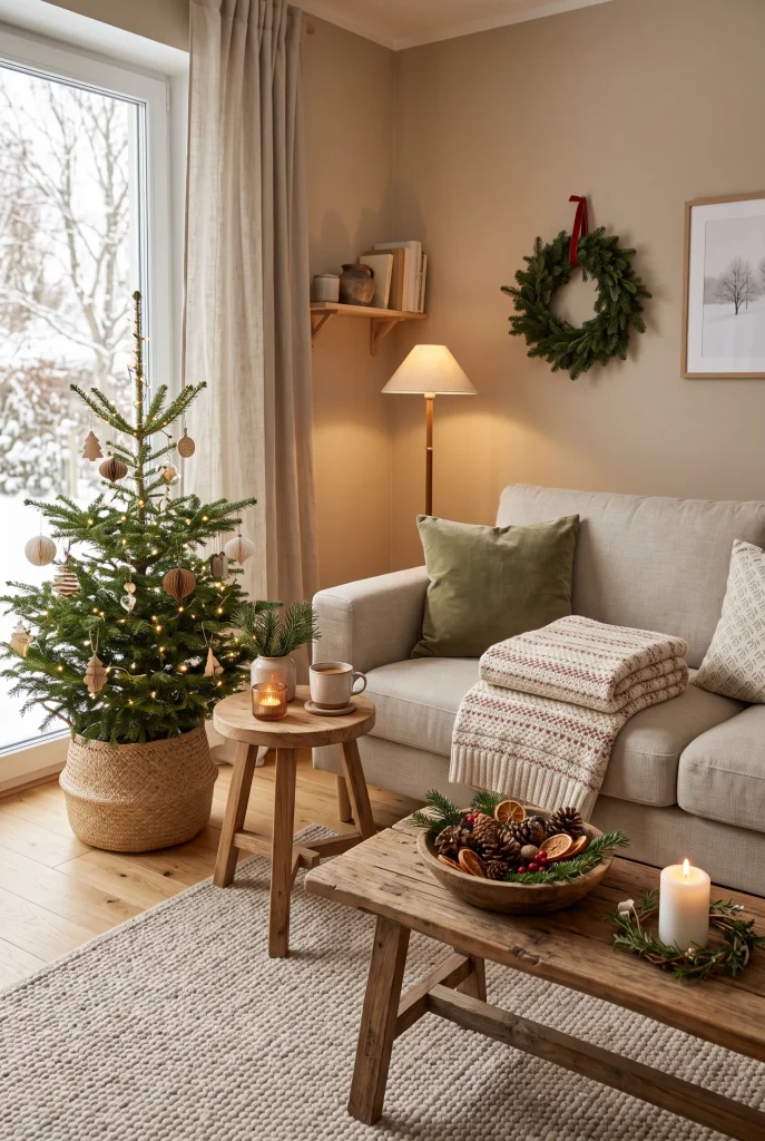 Cozy neutral sofa with a knitted Christmas throw in a small living room