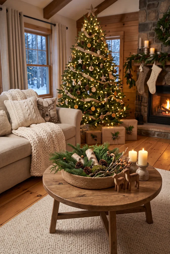Woodland Christmas coffee table with pinecones, wood accents, and greenery