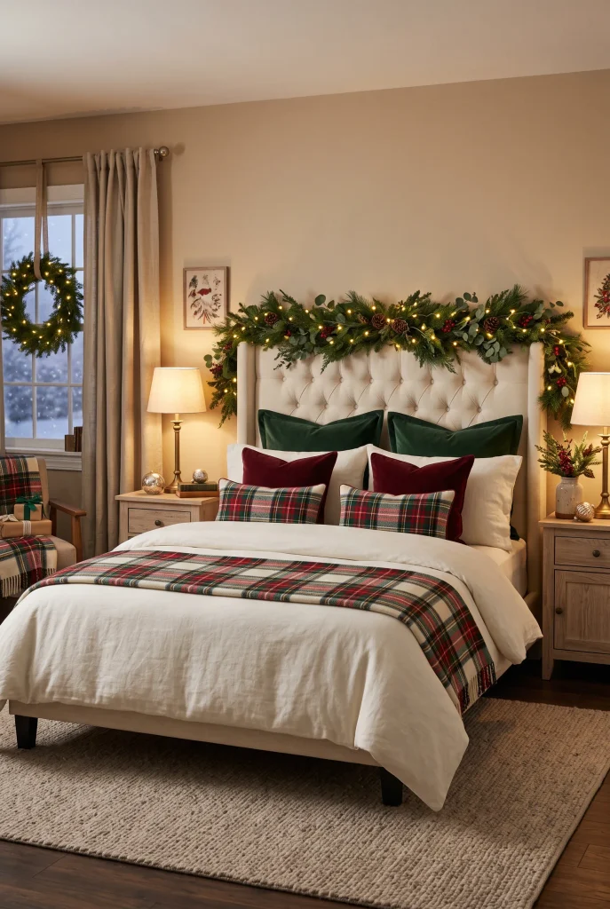 Traditional Christmas bedroom with red and green plaid bedding accents