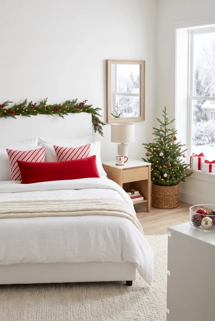 Festive bedroom with red and white candy cane inspired pillows and Christmas accents