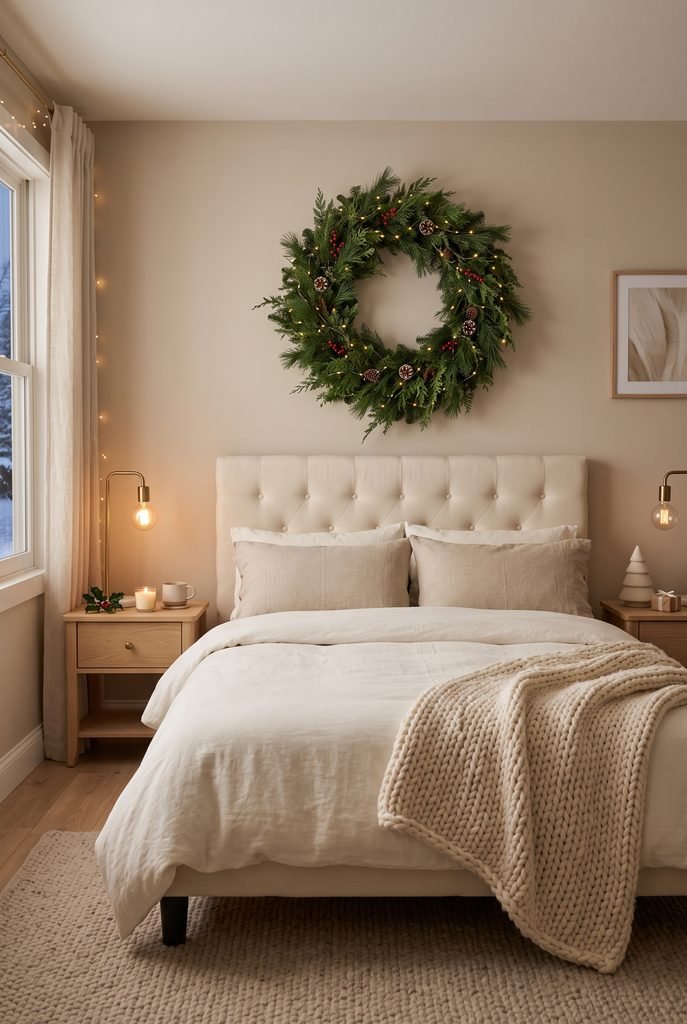 Christmas bedroom with an evergreen wreath displayed above a cream upholstered bed
