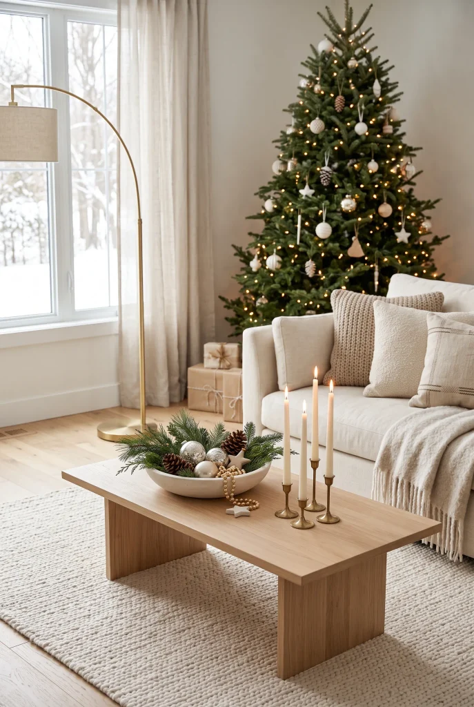 Modern Christmas coffee table with greenery, candles, and neutral ornaments