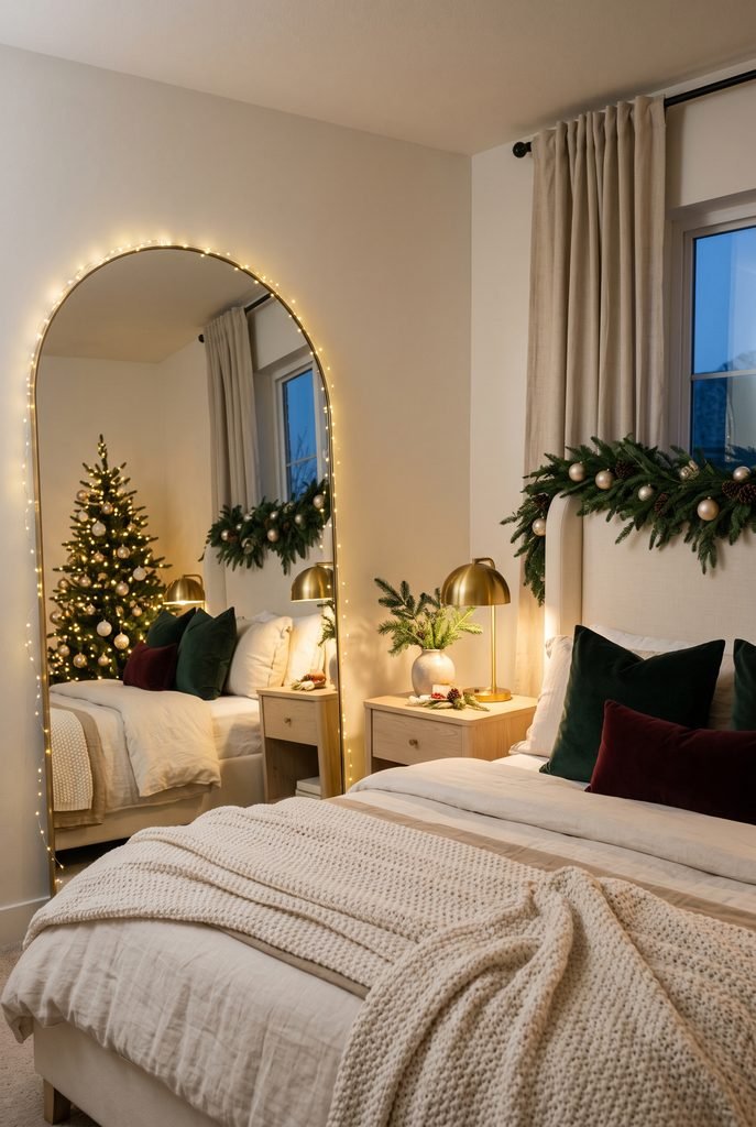 Warm fairy lights outlining a bedroom mirror
