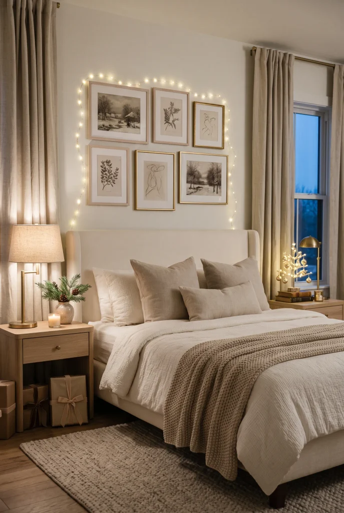 Fairy lights outlining a gallery wall above a Christmas bedroom bed