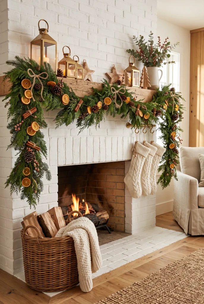 Farmhouse Christmas mantel with evergreen branches, dried orange slices, pinecones, and wooden ornaments