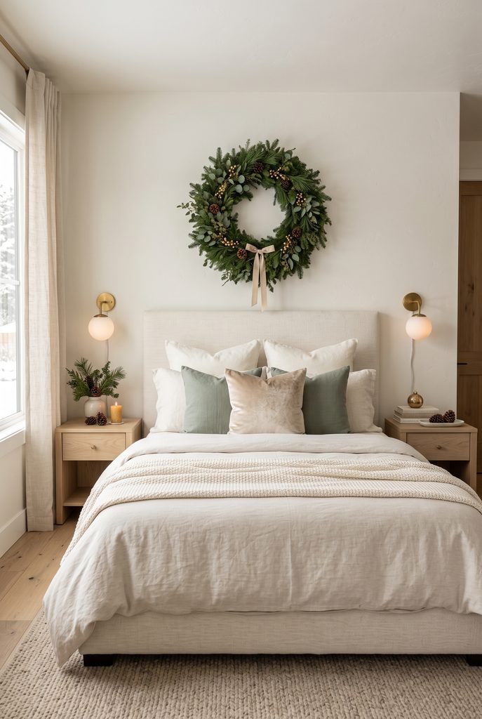 Christmas wreath centered above a cream upholstered bedroom bed with neutral bedding