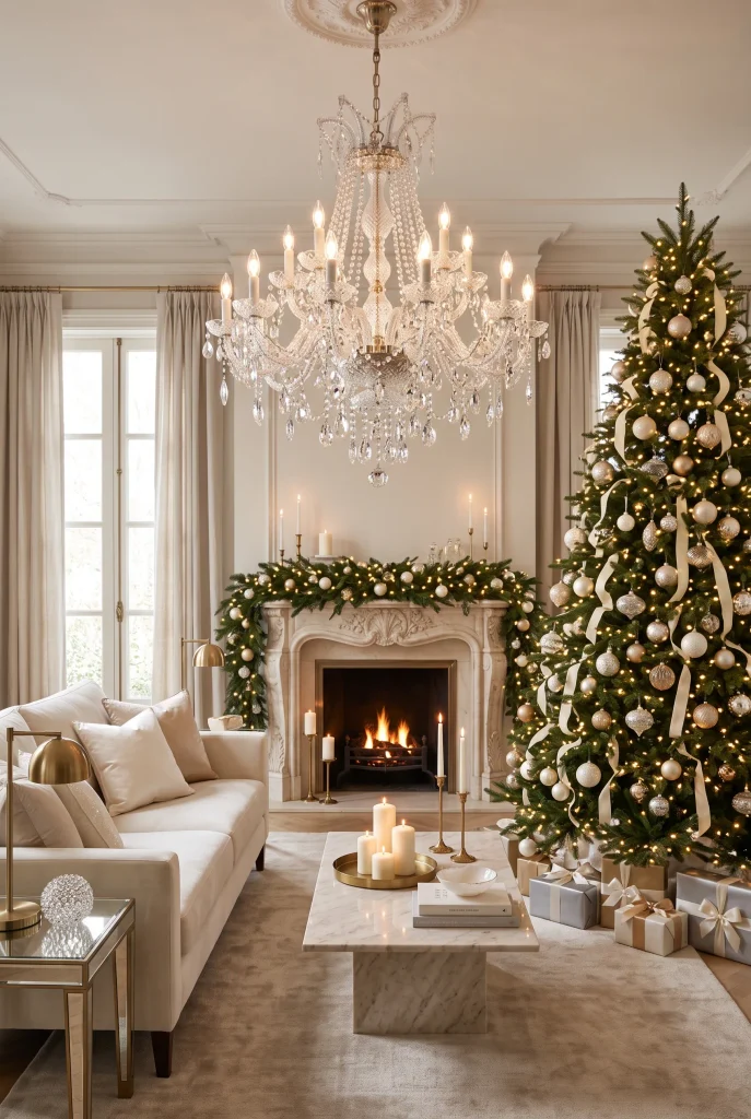 Elegant Christmas living room with crystal chandelier and champagne decorated tree
