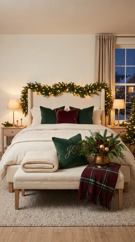 Christmas bedroom bench decorated with a knitted throw, pillow, and evergreen arrangement