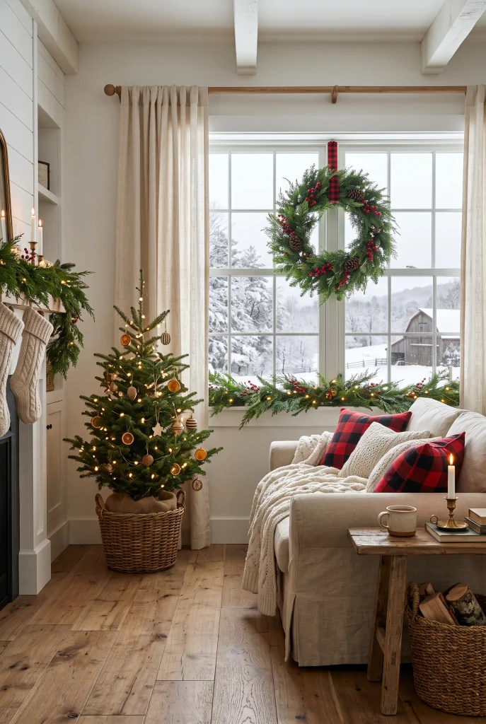 Farmhouse Christmas living room windows decorated with evergreen wreaths