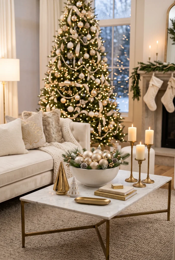 Elegant white and gold Christmas coffee table arrangement