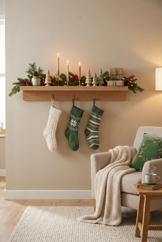 Christmas stockings hanging from a decorated floating shelf
