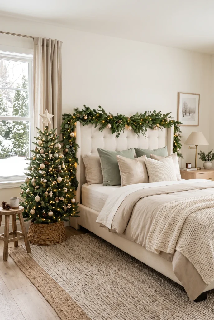 Minimalist Christmas bedroom with neutral bedding, simple greenery, and warm lights