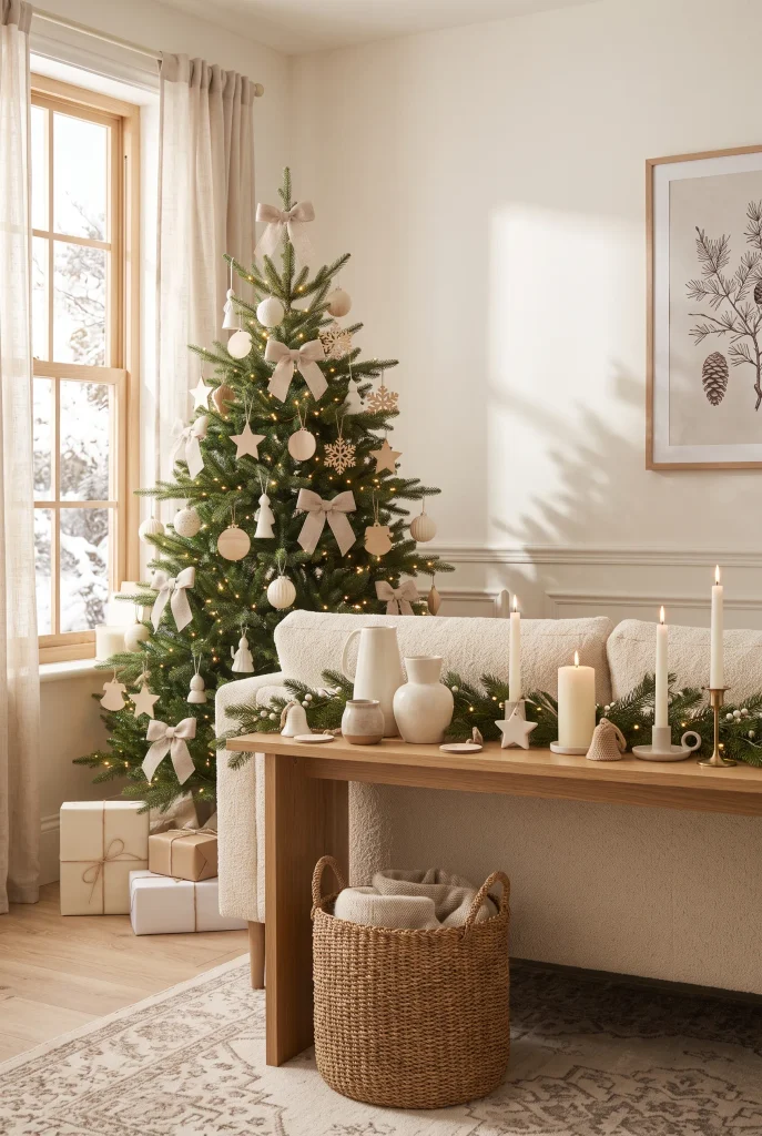 Natural wood console table decorated with an evergreen Christmas garland