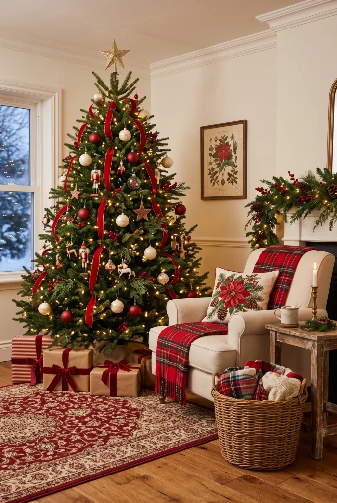 Traditional red and green Christmas tree in a living room corner