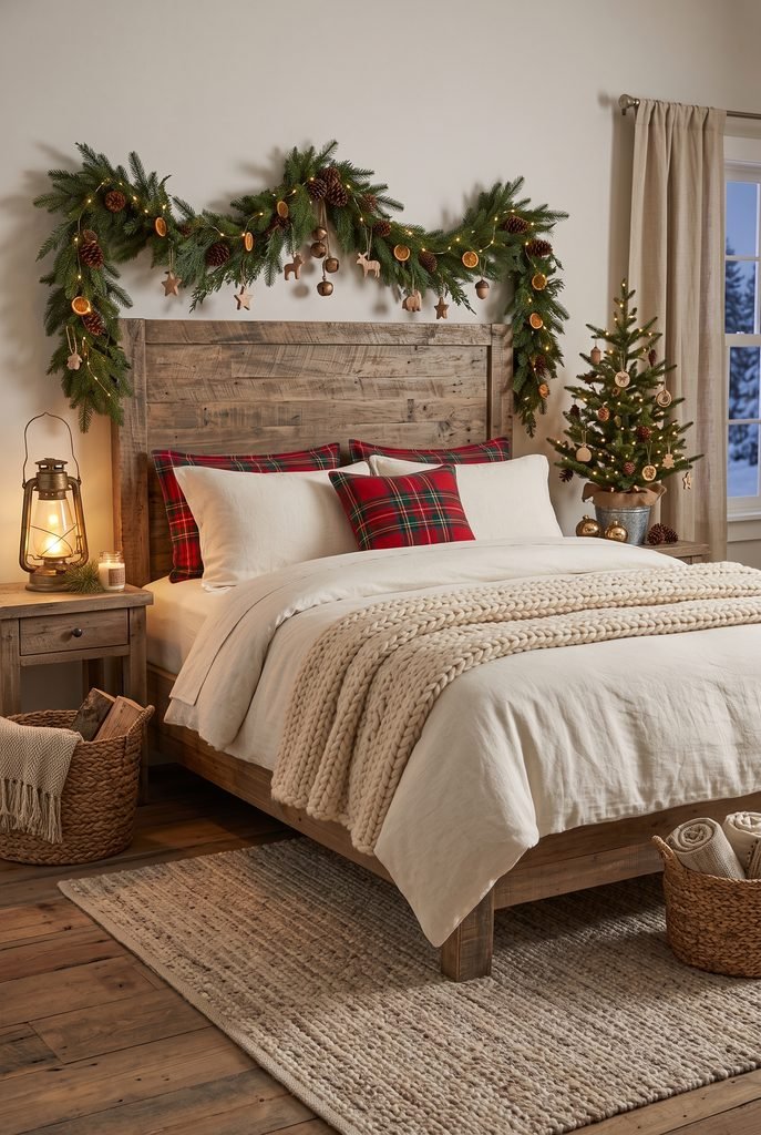 Rustic Christmas bedroom with wood furniture, greenery, and plaid textiles