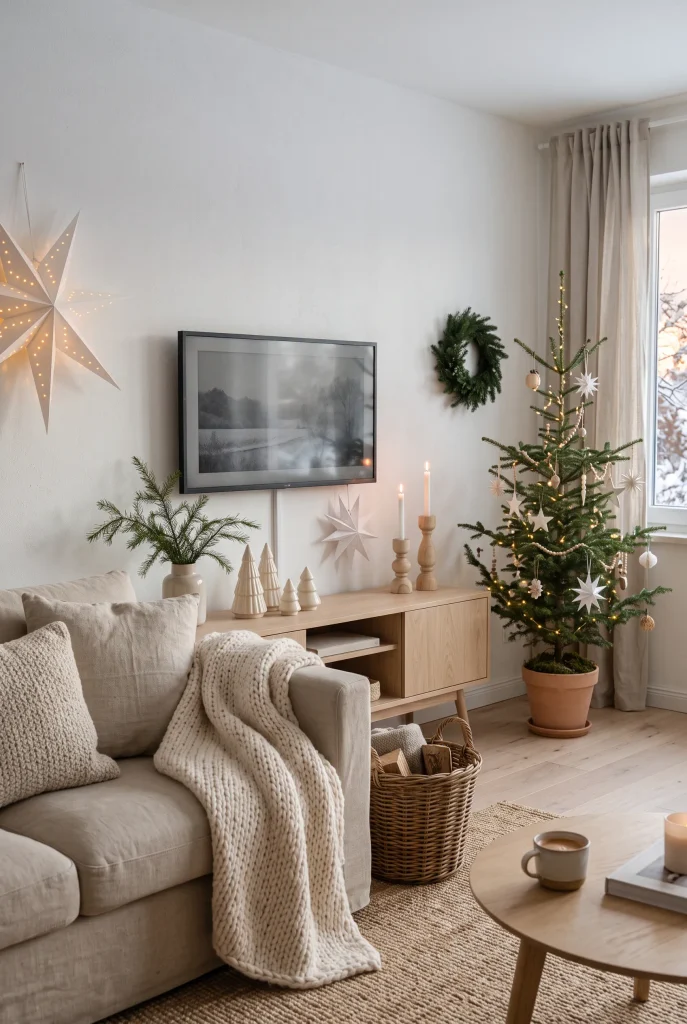 Scandinavian Christmas TV wall with pale wood, greenery, paper stars, and neutral decor