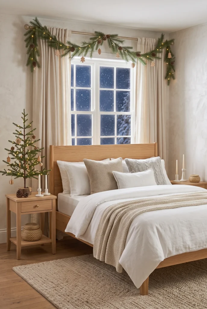 Scandinavian Christmas bedroom with light wood, white bedding, greenery, and simple ornaments