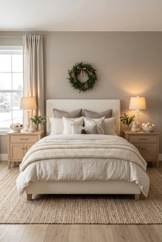 Neutral Christmas nightstands styled with small holiday decorations