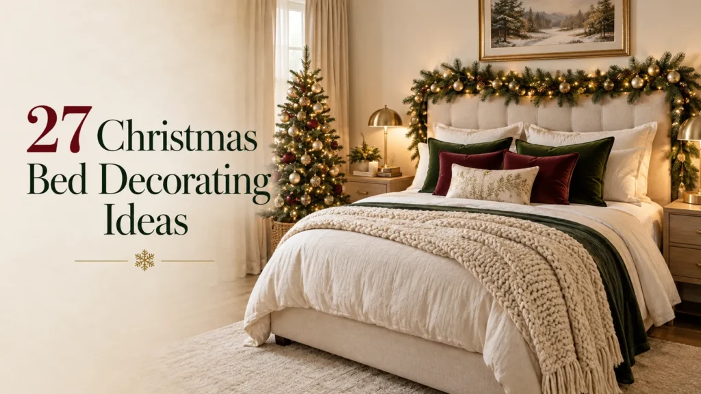 Elegant Christmas bedroom with a decorated bed, evergreen garland, velvet pillows, knitted throw, and small Christmas tree