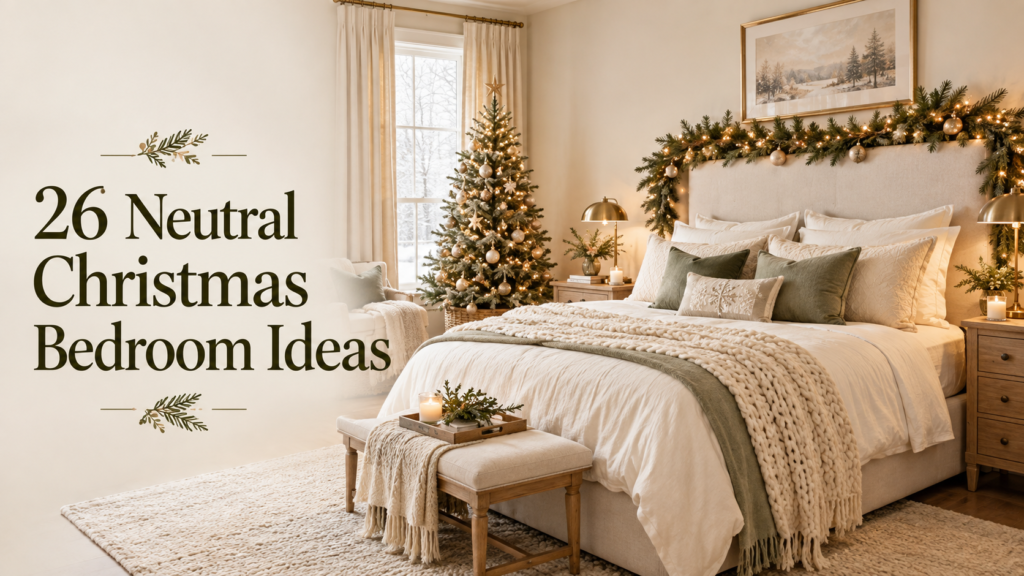 Neutral Christmas bedroom with ivory bedding, evergreen garland, warm lights, and a small Christmas tree