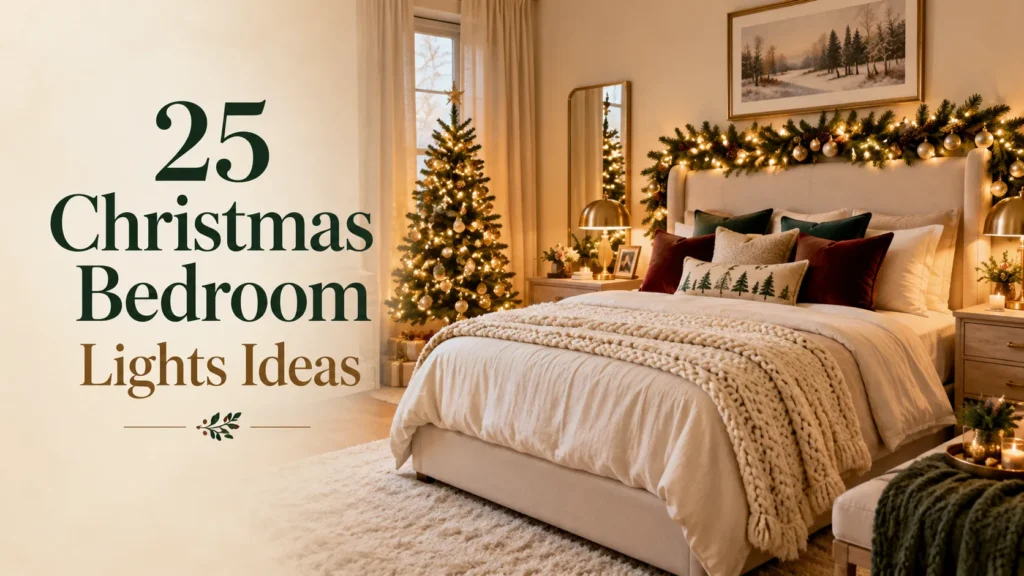 Cozy Christmas bedroom with warm white lights around an upholstered bed, evergreen garland, small Christmas tree, and neutral holiday decor