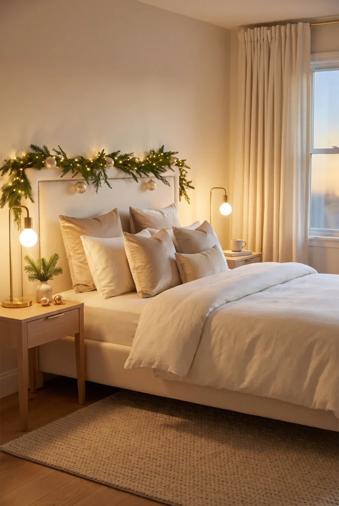 Elegant cream and gold Christmas bed with velvet pillows and brass accents