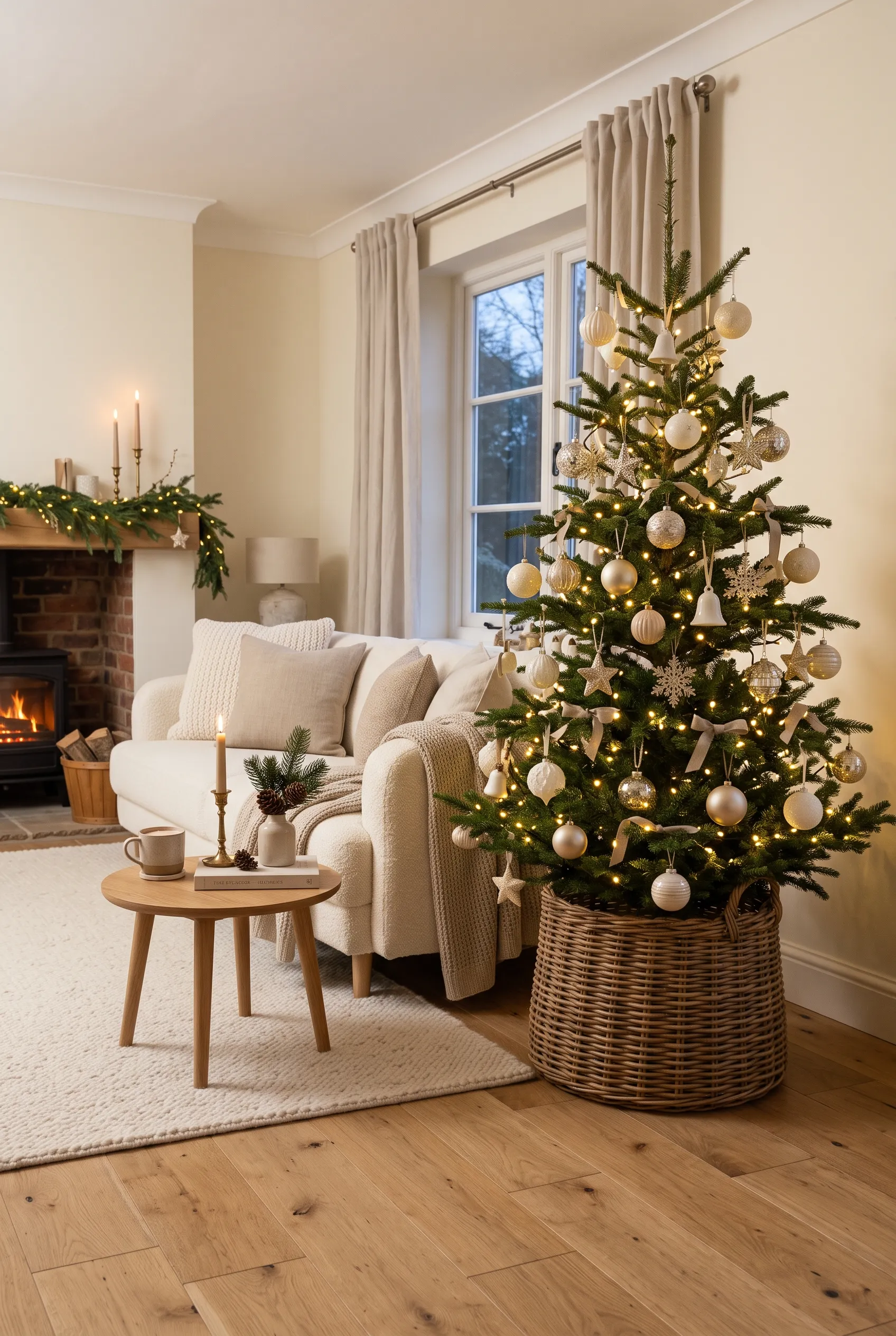 Cream and white Christmas tree with warm lights and neutral ornaments in a cozy living room
