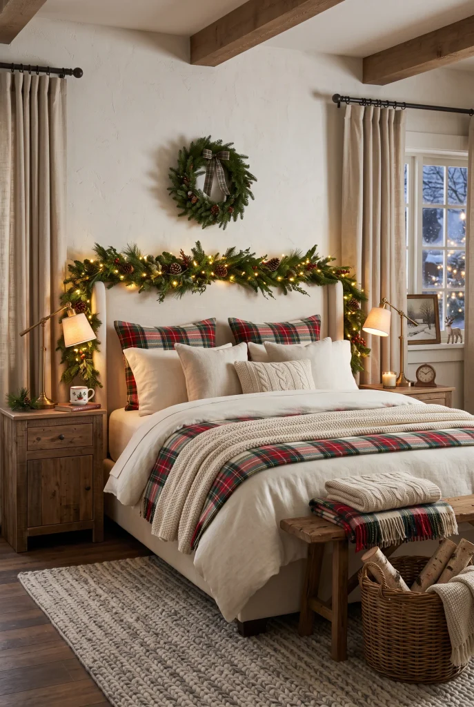 Christmas bed with red and green plaid bedding and evergreen accents