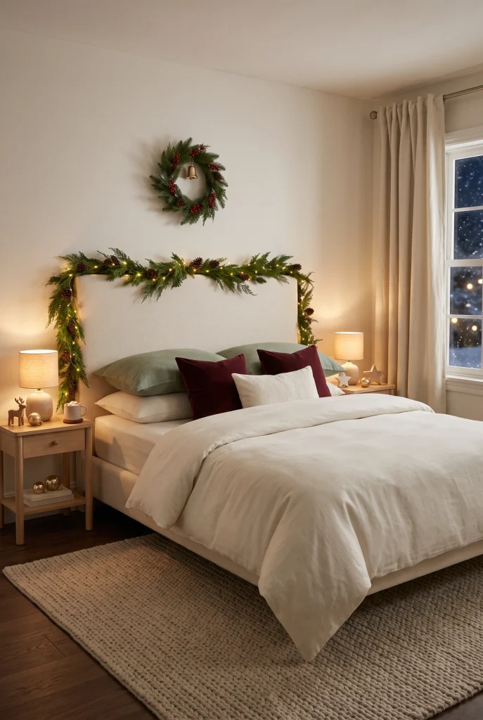 Cozy Christmas bed with evergreen garland and glowing fairy lights
