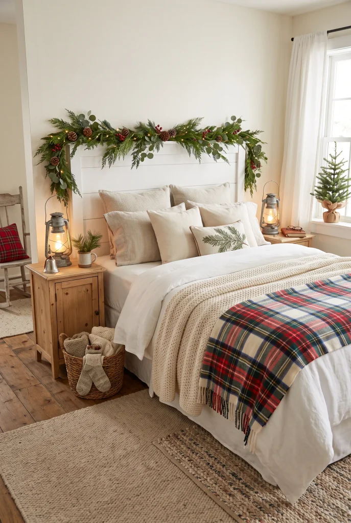 Farmhouse Christmas bed with plaid bedding, greenery, and rustic accents